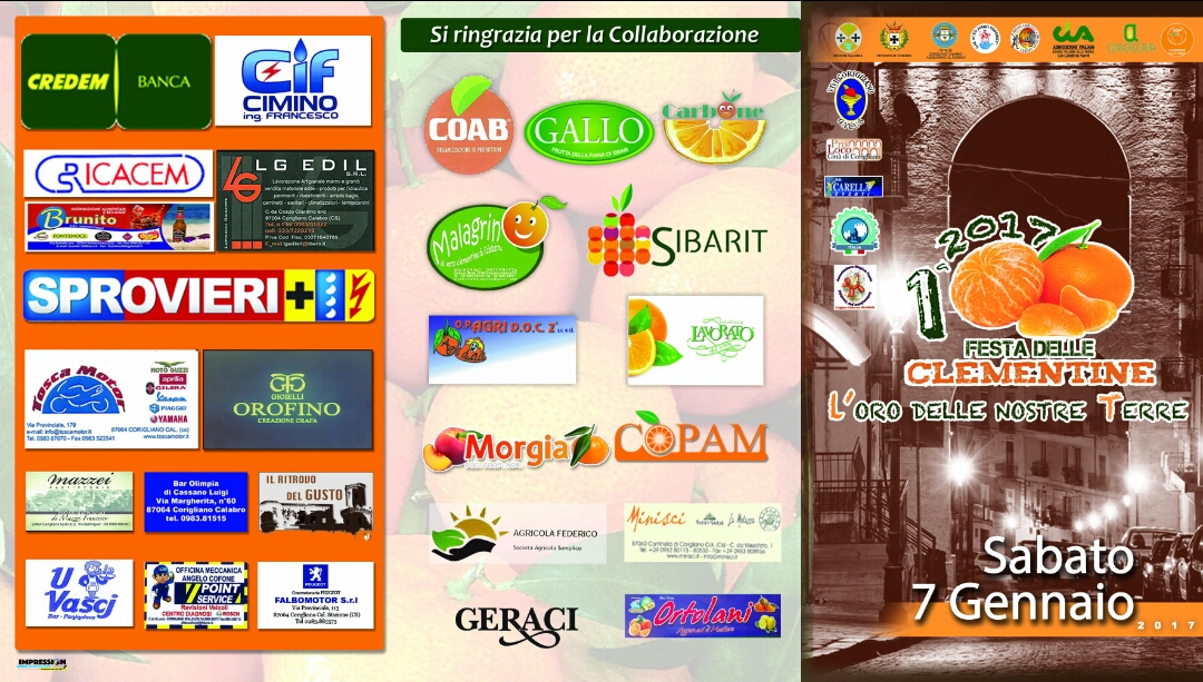 Corigliano (CS) – Sabato 7 gennaio prima festa della clementine