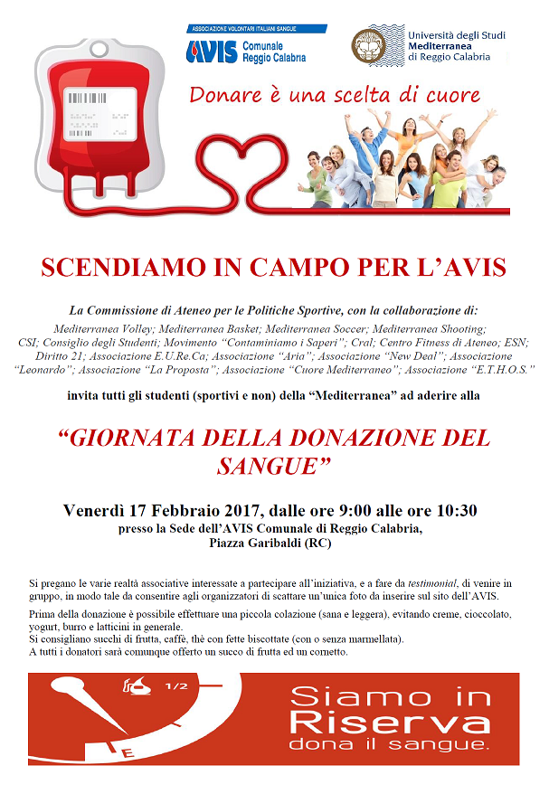 Reggio – La “Mediterranea” promuove la “Giornata della donazione del sangue”