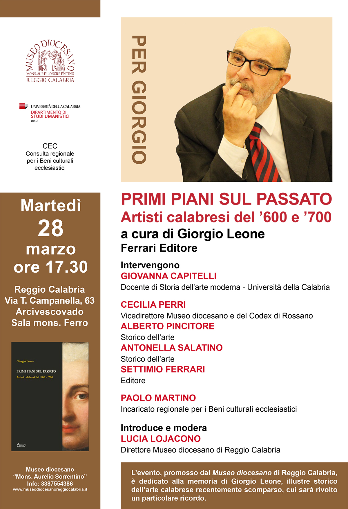 Reggio - In memoria di Giorgio Leone: presentazione di Primi piani sul passato. Artisti calabresi del 600 e 700