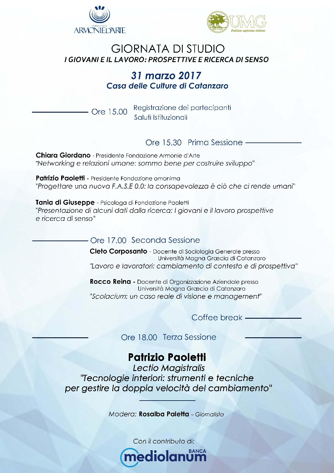 Armonie d’Arte e Umg: “I giovani ed il lavoro: prospettive e ricerche di senso”, studio con Patrizio Paoletti