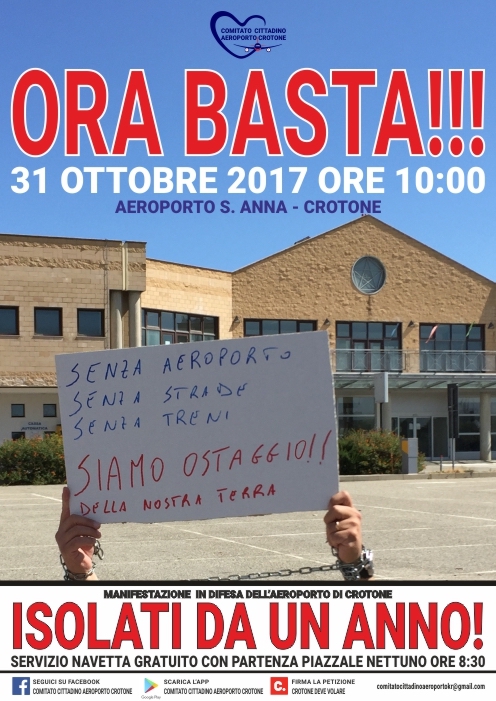 Il Comitato Cittadino Aeroporto Crotone organizza manifestazione il 31 ottobre