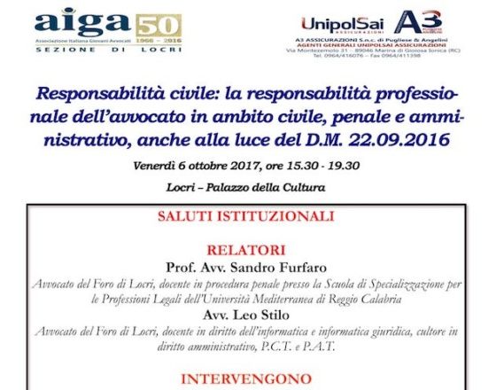 Locri (RC) – Il 6 ottobre convegno promosso dall’Aia su responsabilità avvocato