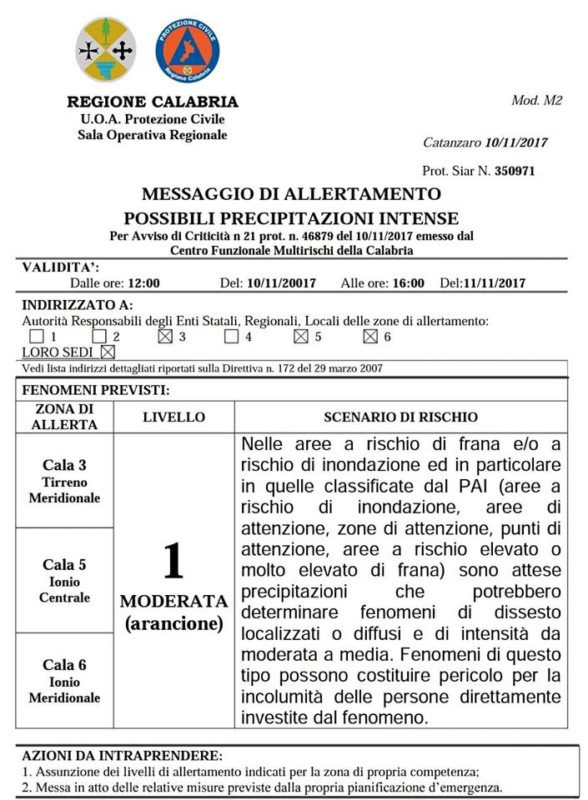 Allerta meteo Calabria di livello Arancione