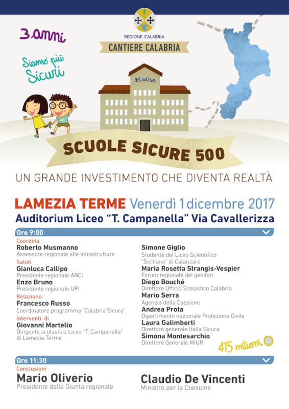 Il Ministro De Vincenti sarà presente al focus “Scuole Sicure 500” di Lamezia Terme.