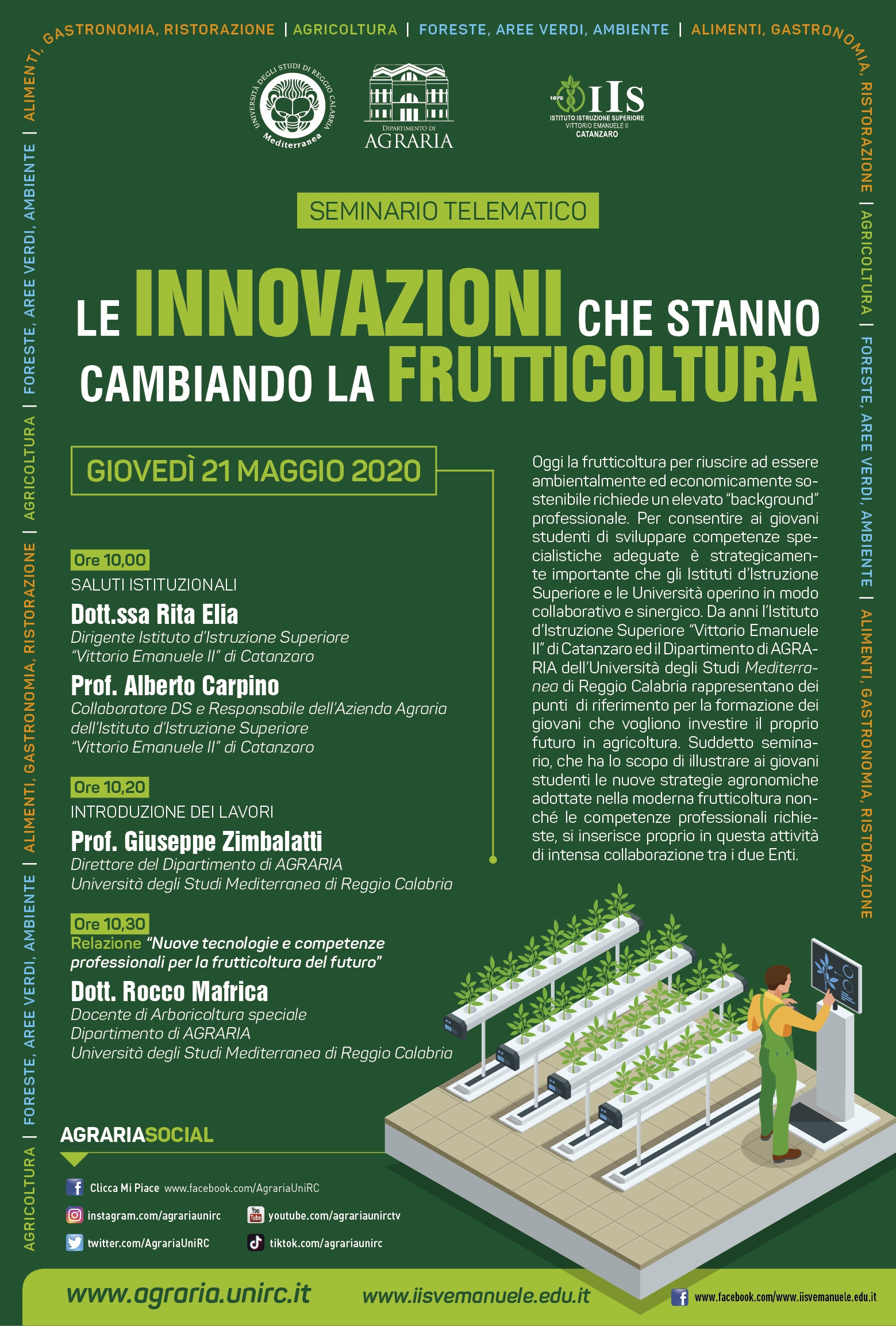 IIS “Vittorio Emanuele II” di Catanzaro e il Dipartimento di Agraria della Mediterranea di Reggio Calabria organizzano un seminario telematico