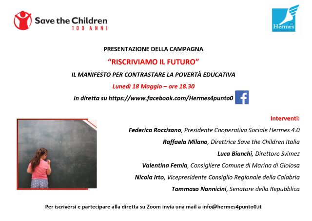 Riscriviamo il futuro: lunedì la presentazione del Manifesto per contrastare la povertà educativa di Save the Children