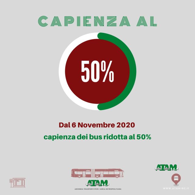 Coronavirus: ATAM capienza ridotta al 50% dal 6 Novembre 2020
