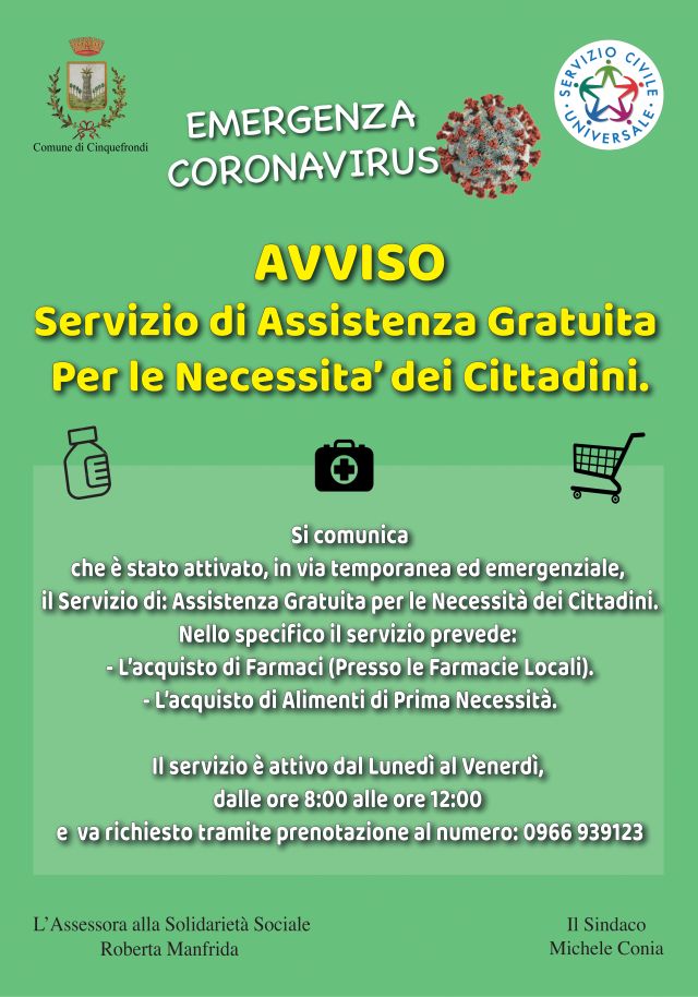 Cinquefrondi (RC) – Attivazione servizio di assistenza gratuita per le necessità dei cittadini