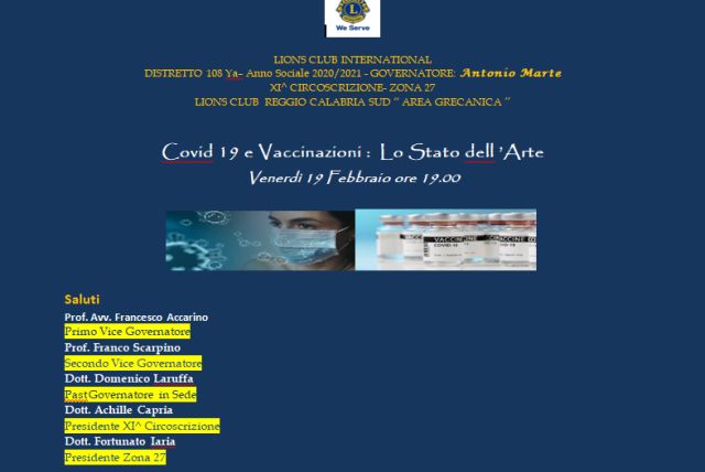 “Covid 19e Vaccinazioni: Lo Stato dell’Arte”. Il Lions Club Reggio Calabria Sud “AREA GRECANICA” analizza realtà e prospettive possibili