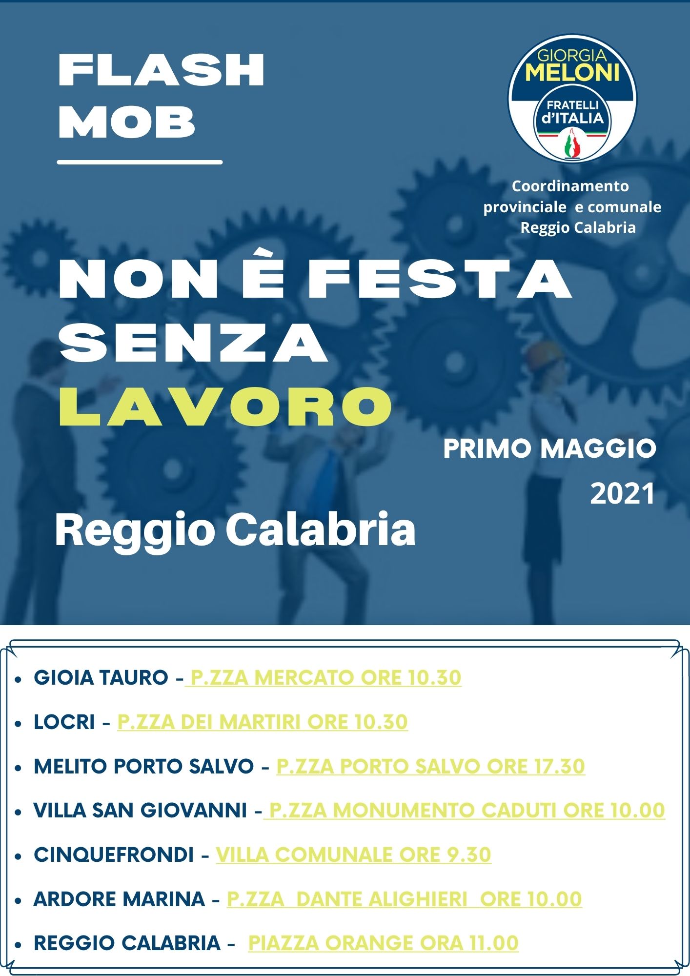 Primo Maggio: a Reggio Calabria flash mob di Fratelli d’Italia ‘Non è festa senza lavoro’