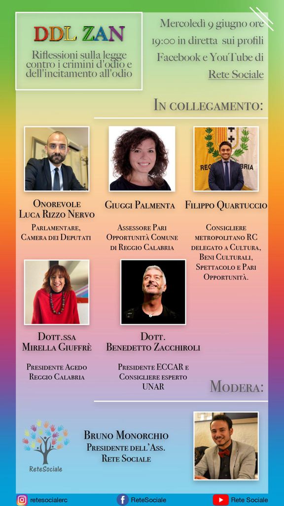 Evento online su DDL ZAN promosso dall’Associazione Socio-culturale reggina “ReteSociale”