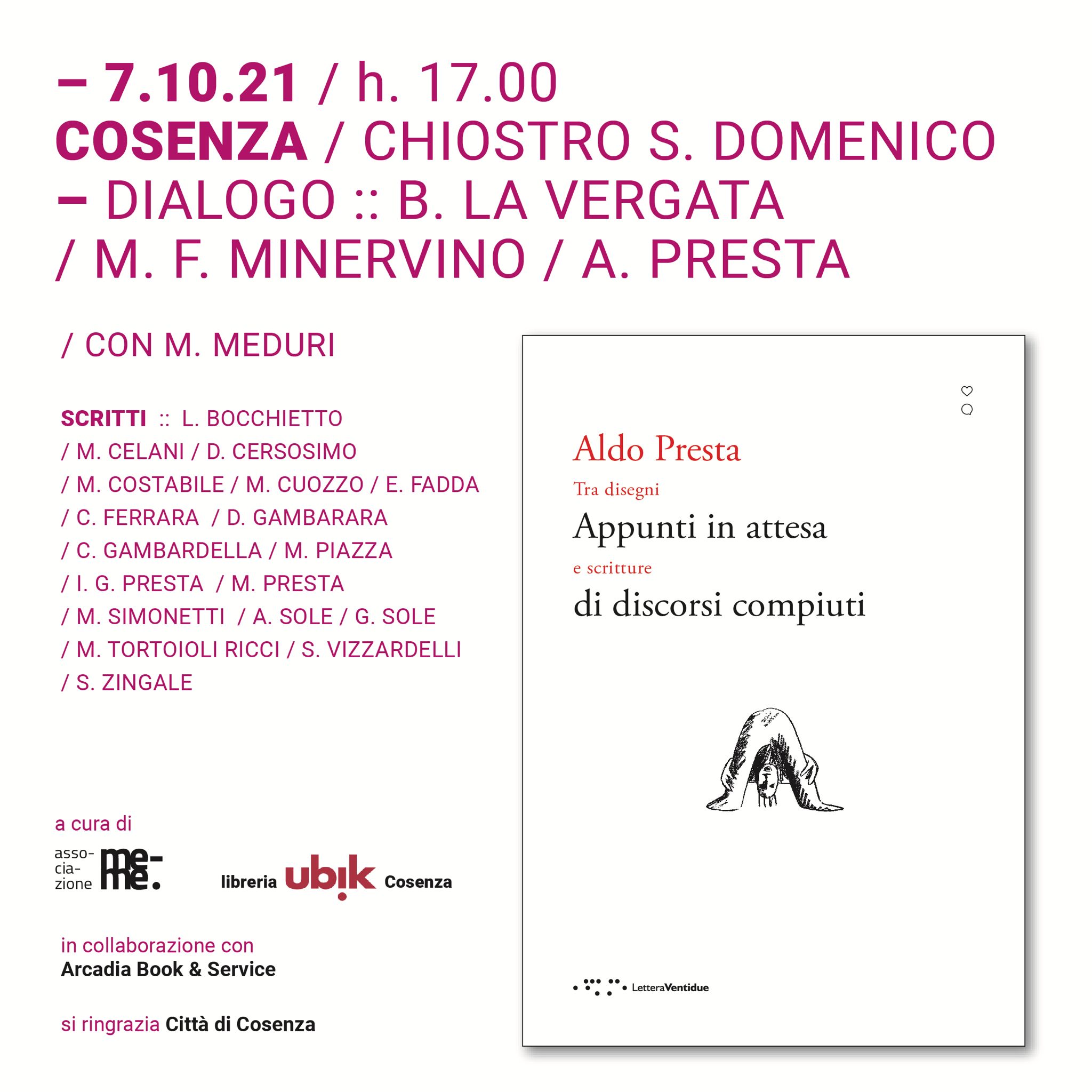 Il libro di Aldo Presta mercoledì 7 al Chiostro di San Domenico a Cosenza