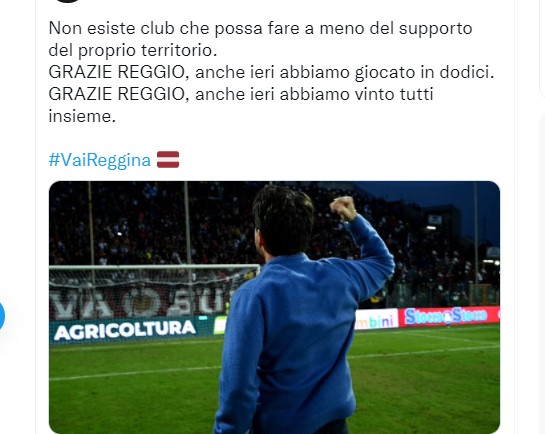 Reggina, Gallo entusiasta sotto la Sud. Poi il tweet: “Grazie Reggio, anche ieri vinto tutti insieme”