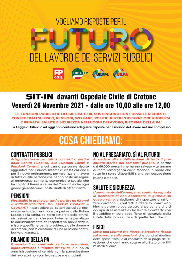 Mobilitazione per modificare la legge di bilancio: sit in di Fp Cgil, Cisl Fp, Uil Fpl e UilPa domani a Crotone