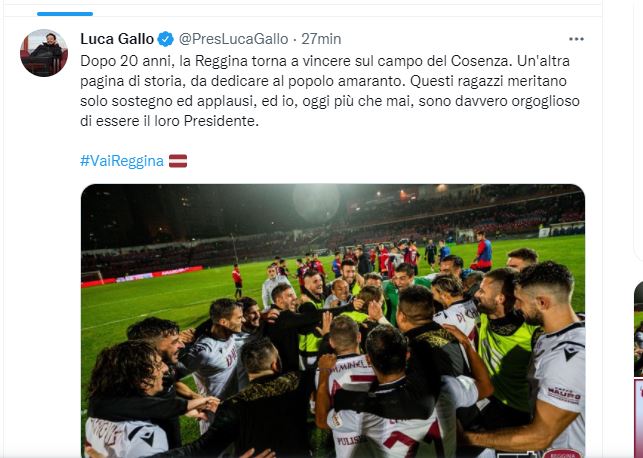 Cosenza-Reggina, il tweet di Gallo: “Un’altra pagina di storia”