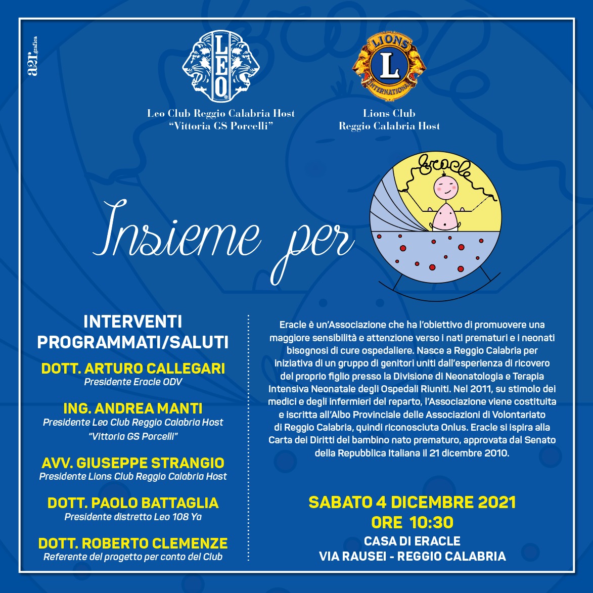 Insieme per i bambini nati prematuri: al via il Protocollo d’intesa tra Leo Club, Lions Club e Eracle Onlus