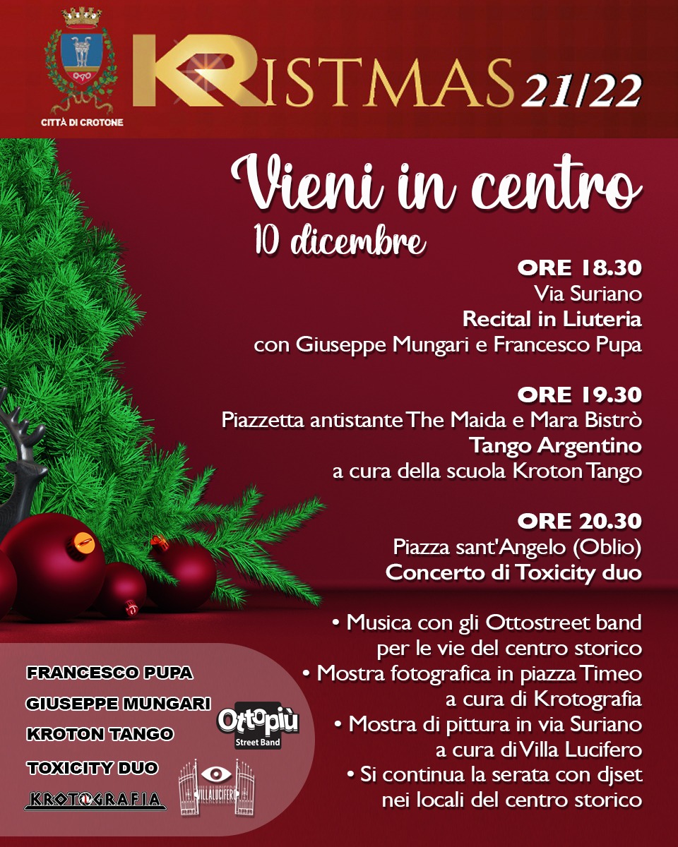 Crotone – Il 10 dicembre “Vieni in Centro”: il centro storico cittadino palcoscenico dell’evento nell’ambito delle iniziative per le festività natalizie