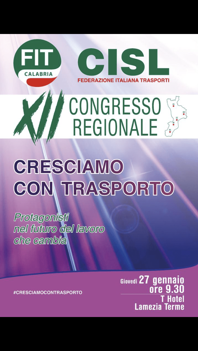 Il 27 gennaio il XII° Congresso regionale della FIT CISL Calabria