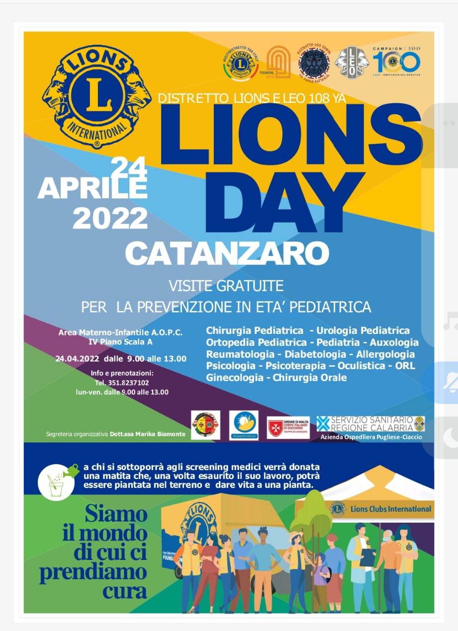 Domenica 24 aprile il “Lions Day” Catanzaro. La giornata nazionale si celebra con le visite gratuite per la prevenzione in età pediatrica al “Pugliese-Ciaccio”