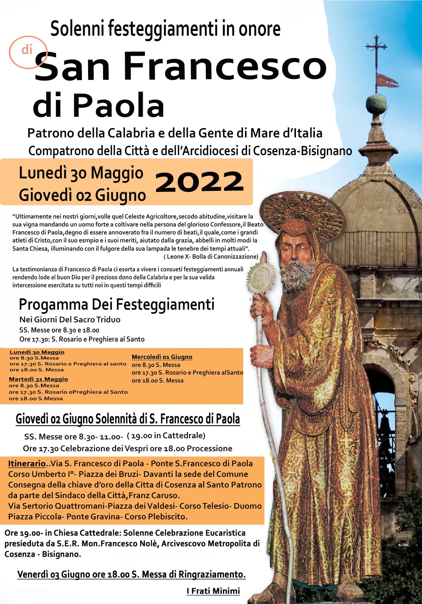 La Festa San Francesco di Paola a Cosenza sarà celebrata il 2 giugno a Cosenza