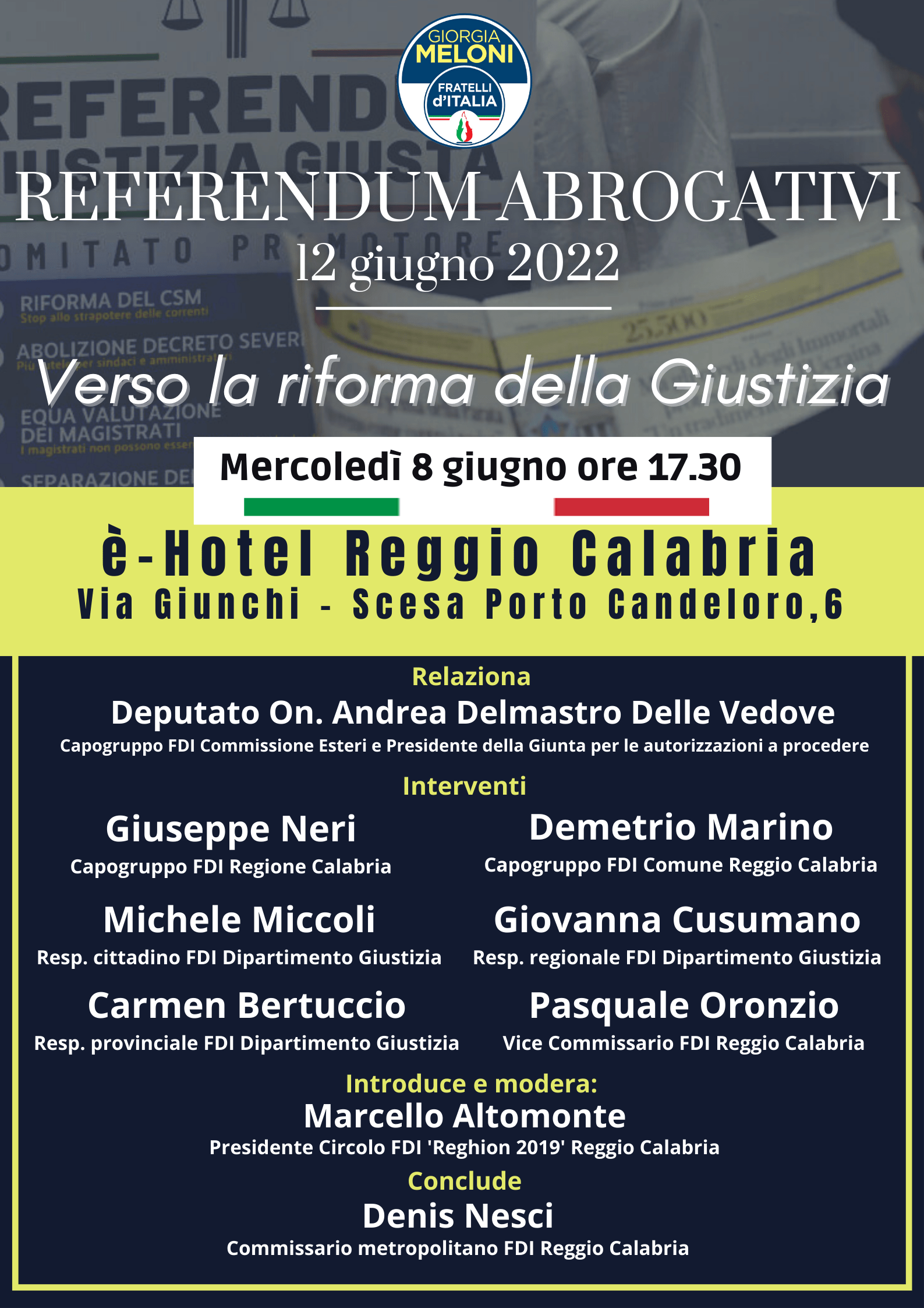 Iniziativa di Fratelli d’Italia Reggio Calabria su Referendum abrogativi. Arriva in città il deputato Del Mastro