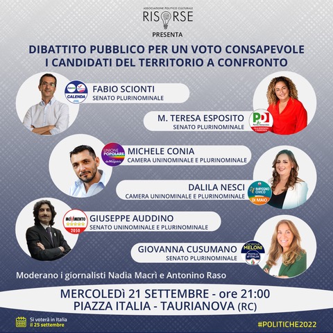 A Taurianova il 21 settembre “Dibattito pubblico per un voto consapevole – I Candidati del Territorio a Confronto”