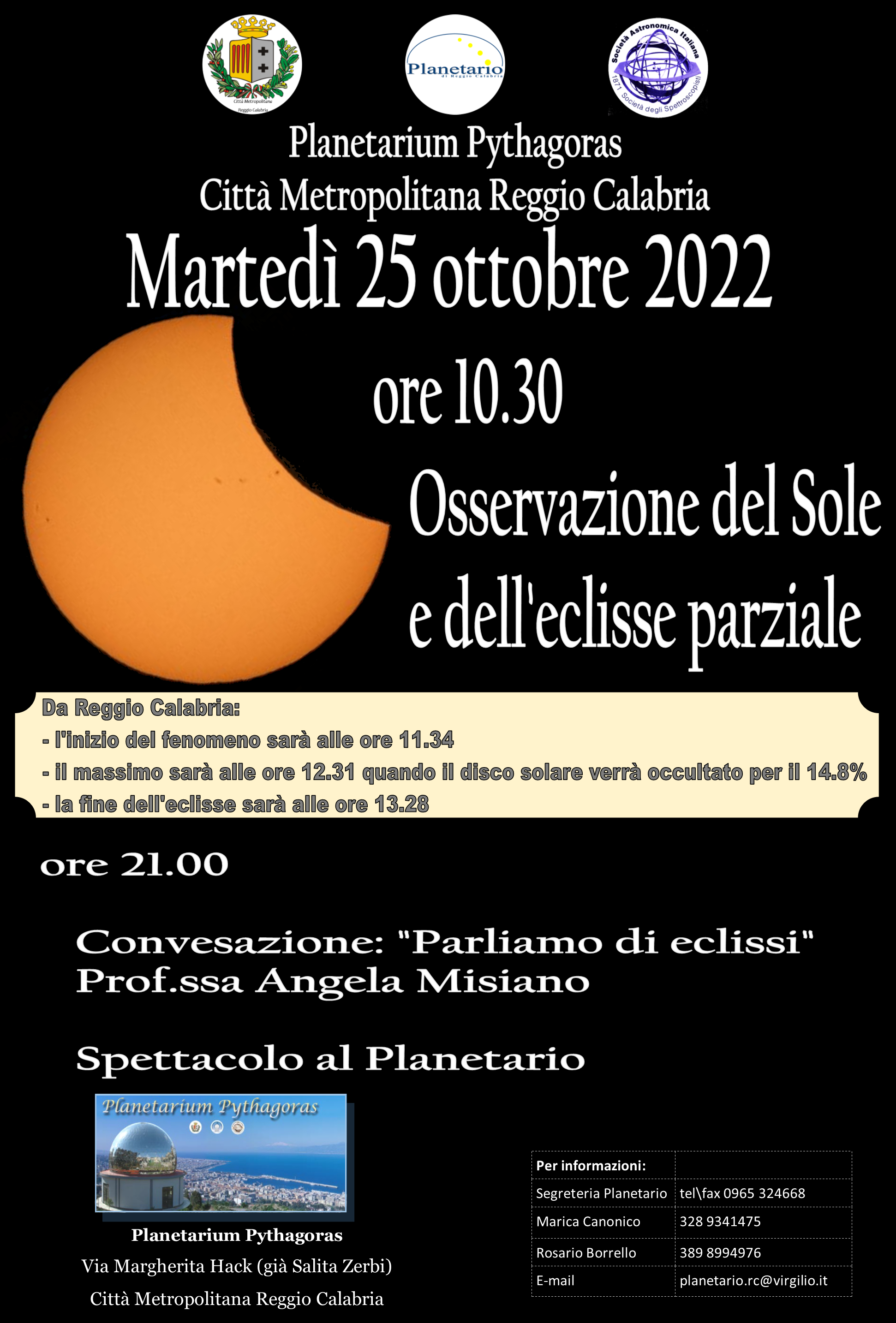 Eclisse parziale di Sole: il programma di iniziative del Planetarium Pythagoras di Reggio Calabria