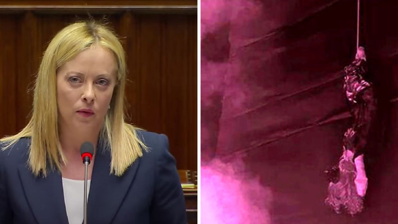 Manichino a testa in giù durante manifestazione, raffigura Giorgia Meloni: solidarietà ed indignazione