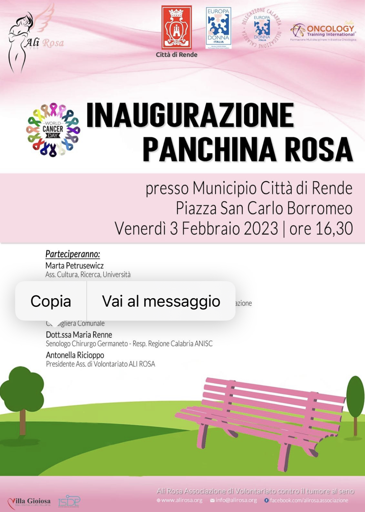 Rende, il 3 febbraio si inaugura la panchina rosa per sensibilizzare sulla prevenzione del tumore al seno