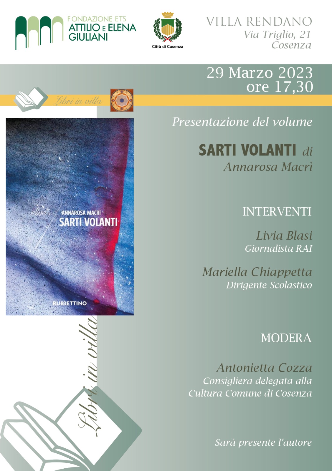 Cosenza: mercoledì 29 marzo la presentazione del libro di Annarosa Macrì “Sarti volanti”