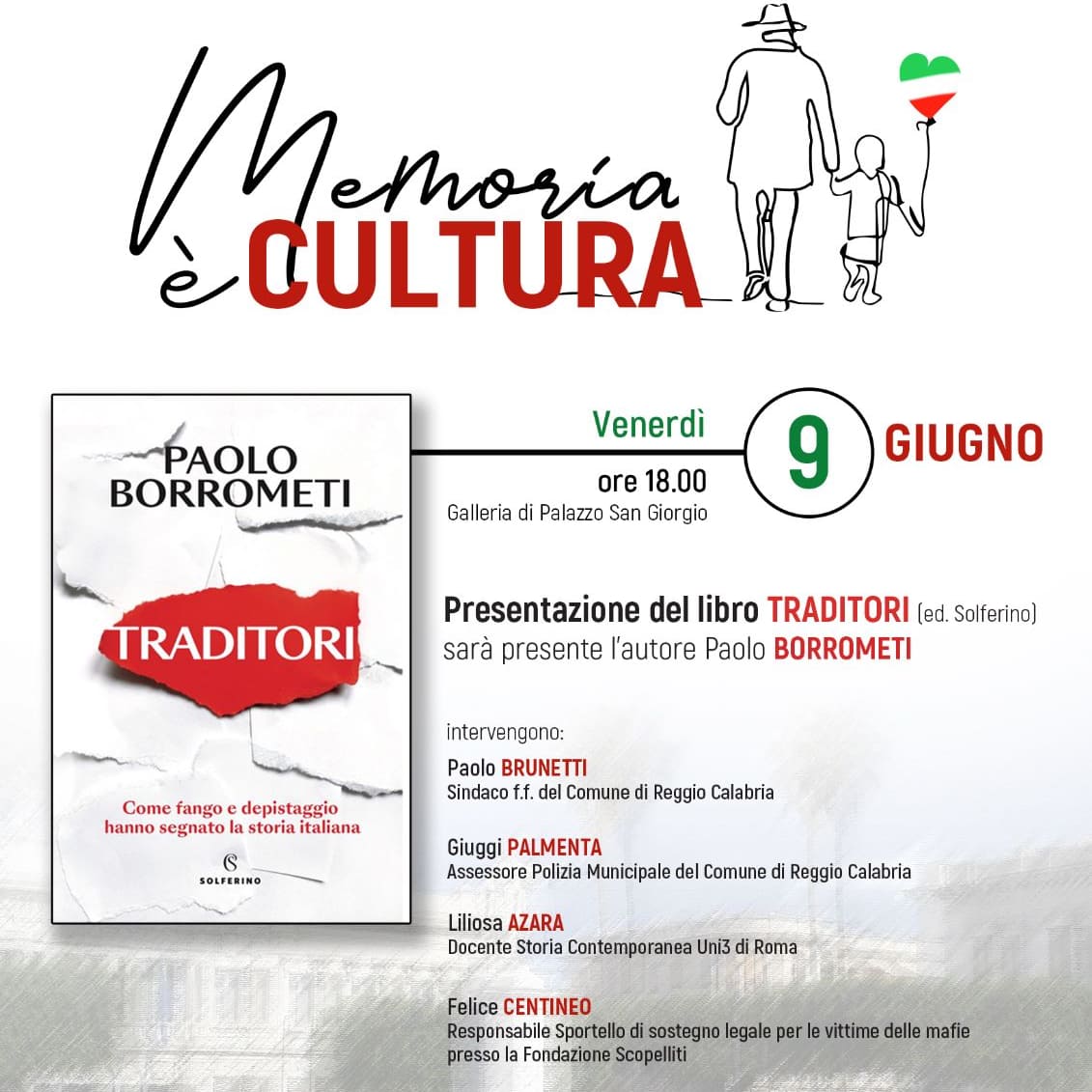 Reggio Calabria – Memoria è Cultura: il 9 giugno a Palazzo San Giorgio la presentazione del libro “Traditori” di Paolo Borrometi