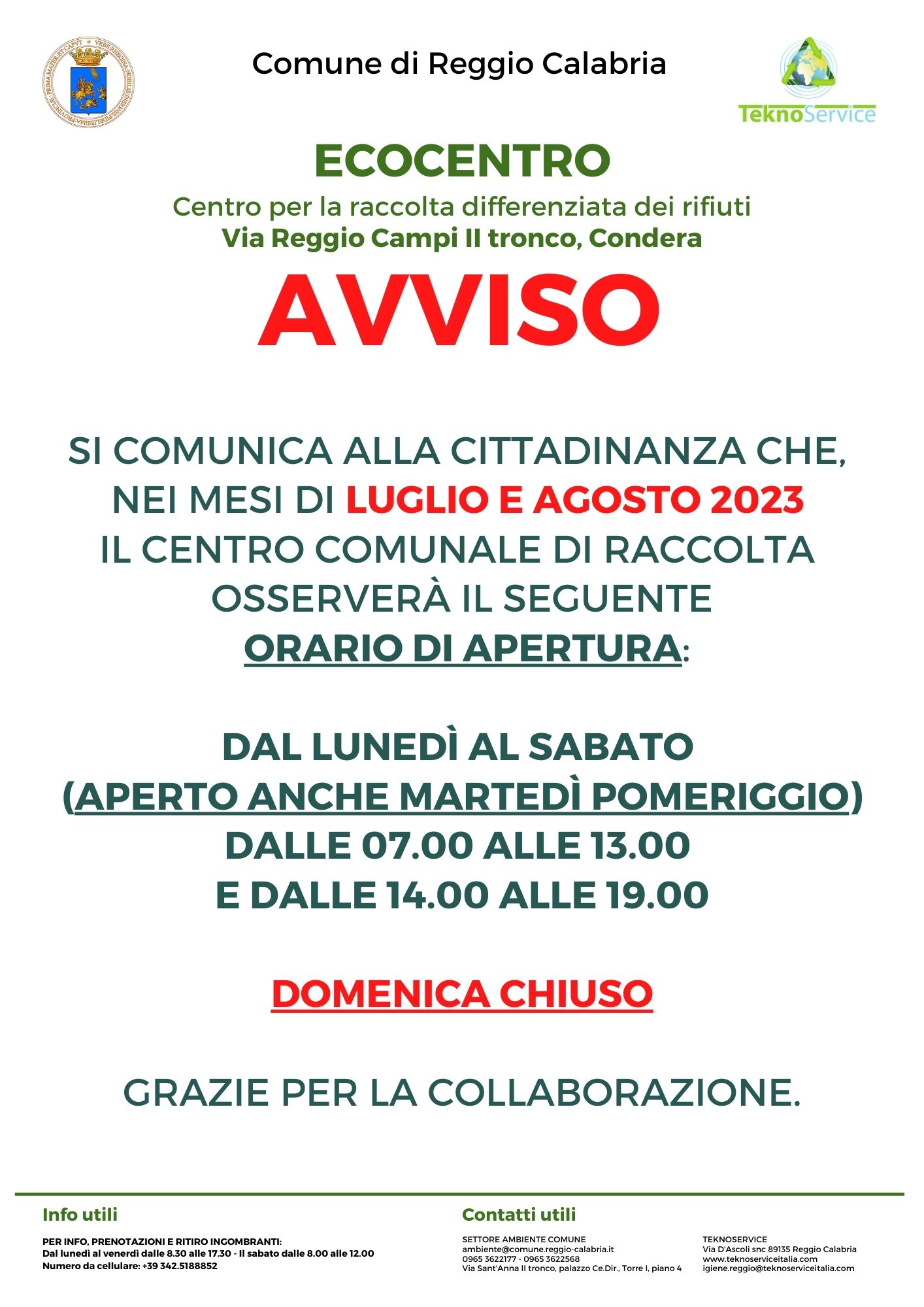 Reggio Calabria – Orari di apertura centro comunale di raccolta a luglio e agosto