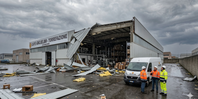 Vento e danni alle imprese, scoperchiato il capannone di Caffè Guglielmo